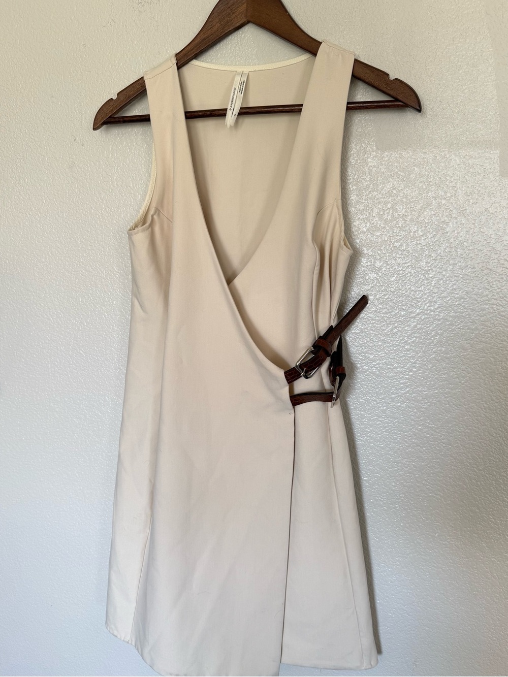 🍂 Anthropologie Cream Wrap-Style Mini Dress with Brown Buckle Detail